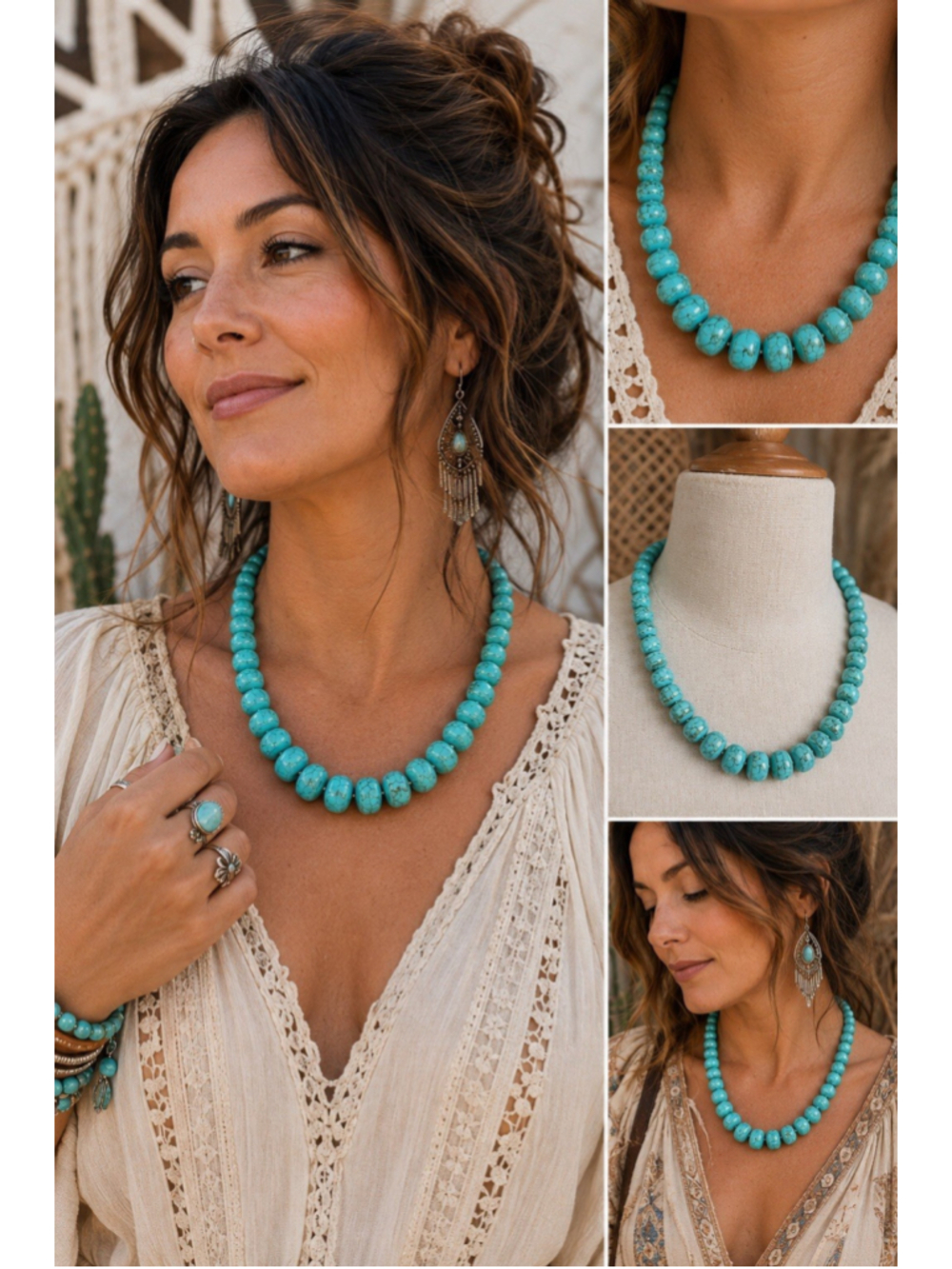 Turquoise Color Stone Bead Necklace Blue Rondelle Beads Boho Southwestern